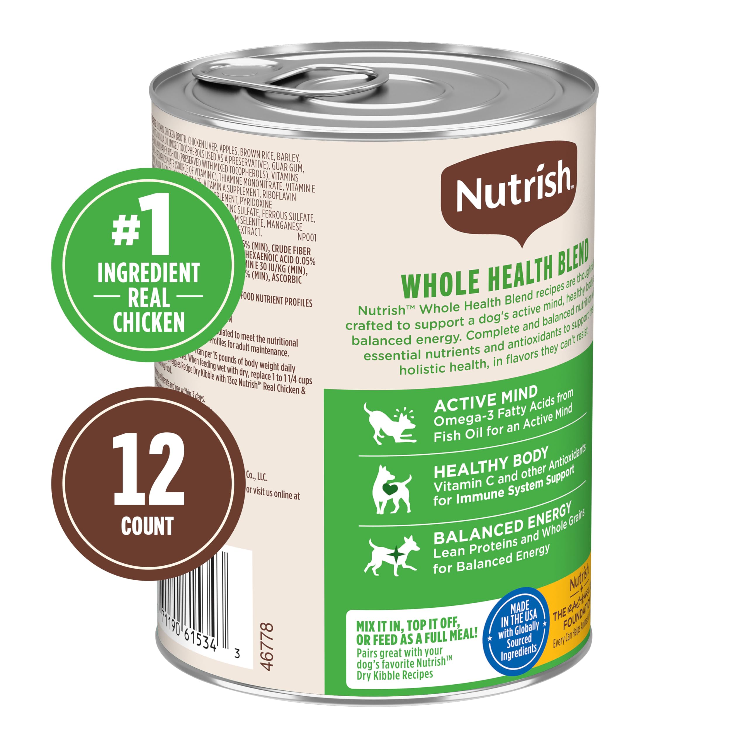 nutrish mezcla de bienestar total y etiqueta nutricional clara para dueños.