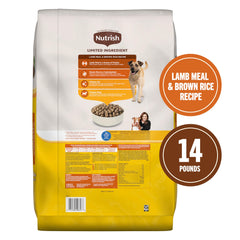 Nutrish cordero con arroz integral, fuente de proteína para perros.