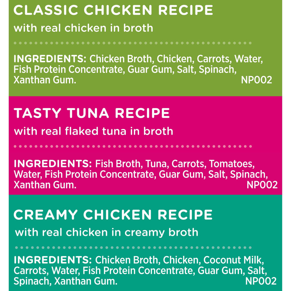 Nutrish Purrfect Broths envases 1-4 onzas, formato práctico para servir de inmediato.