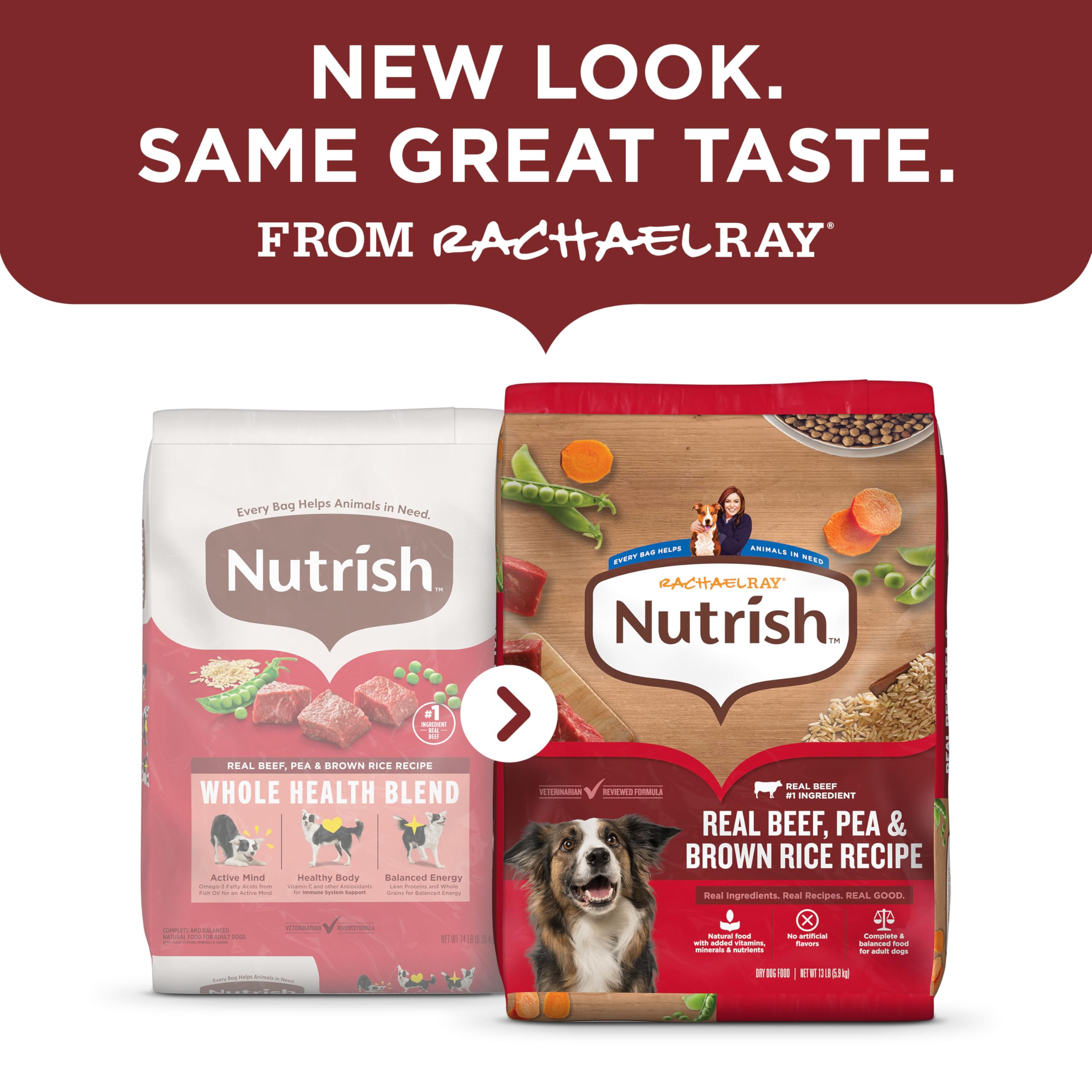 Nutrish Rachael Ray para perros adultos, arroz marrón y guisantes en bol, aporta fibra.