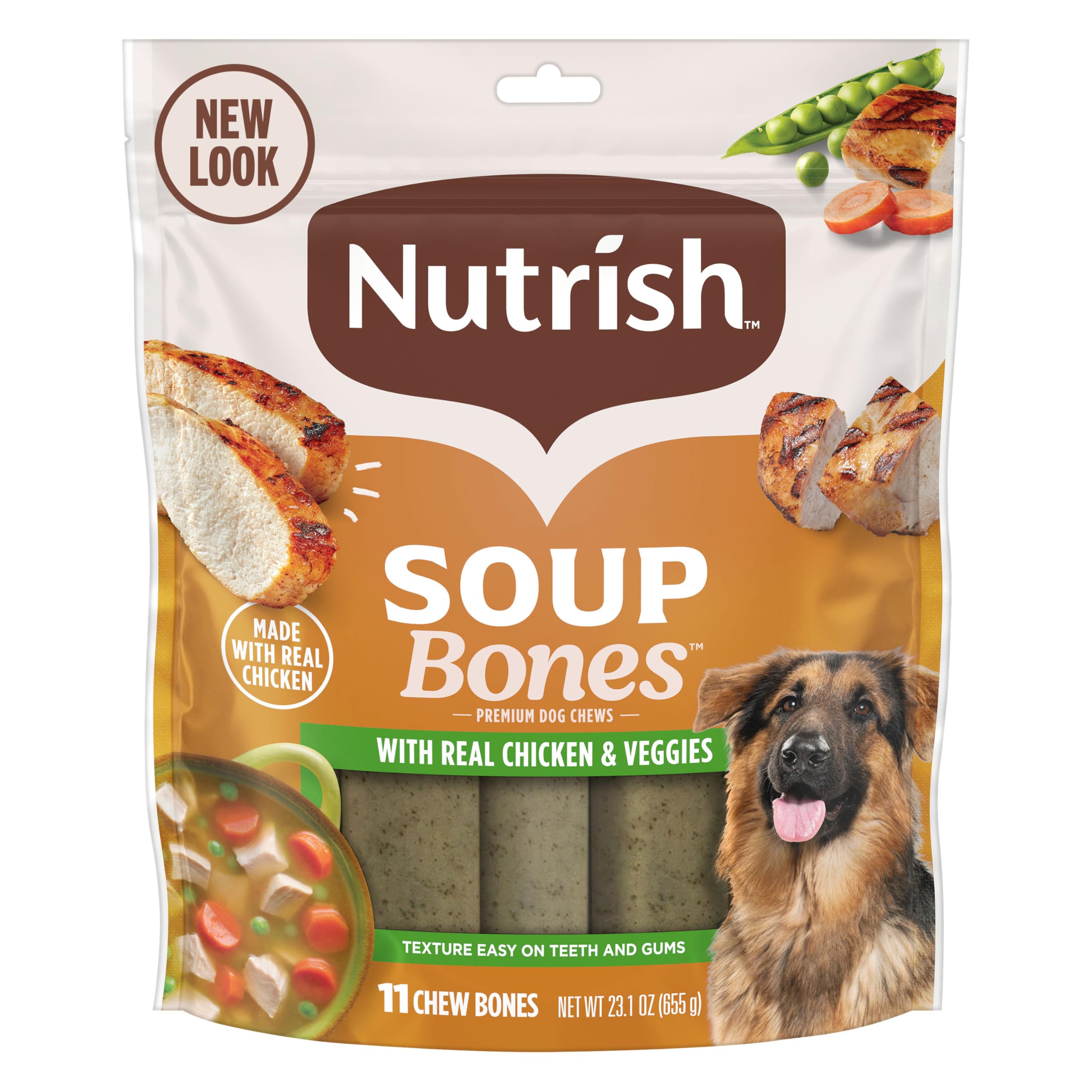 Nutrish Soup Bones con pollo real y verduras, recompensa sabrosa para perros de todos tamaños.