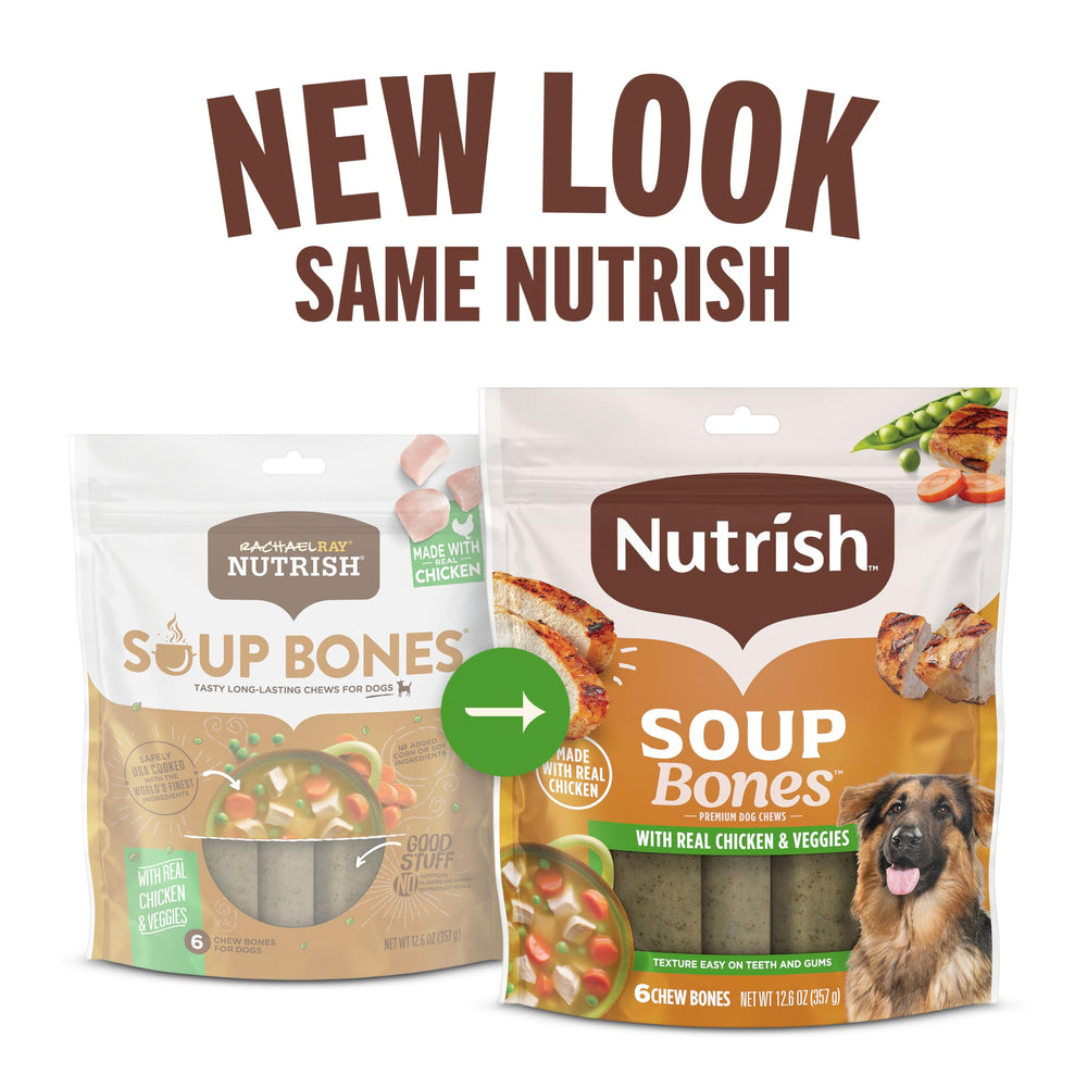 Nutrish Soup Bones textura suave, masticación fácil para perros.
