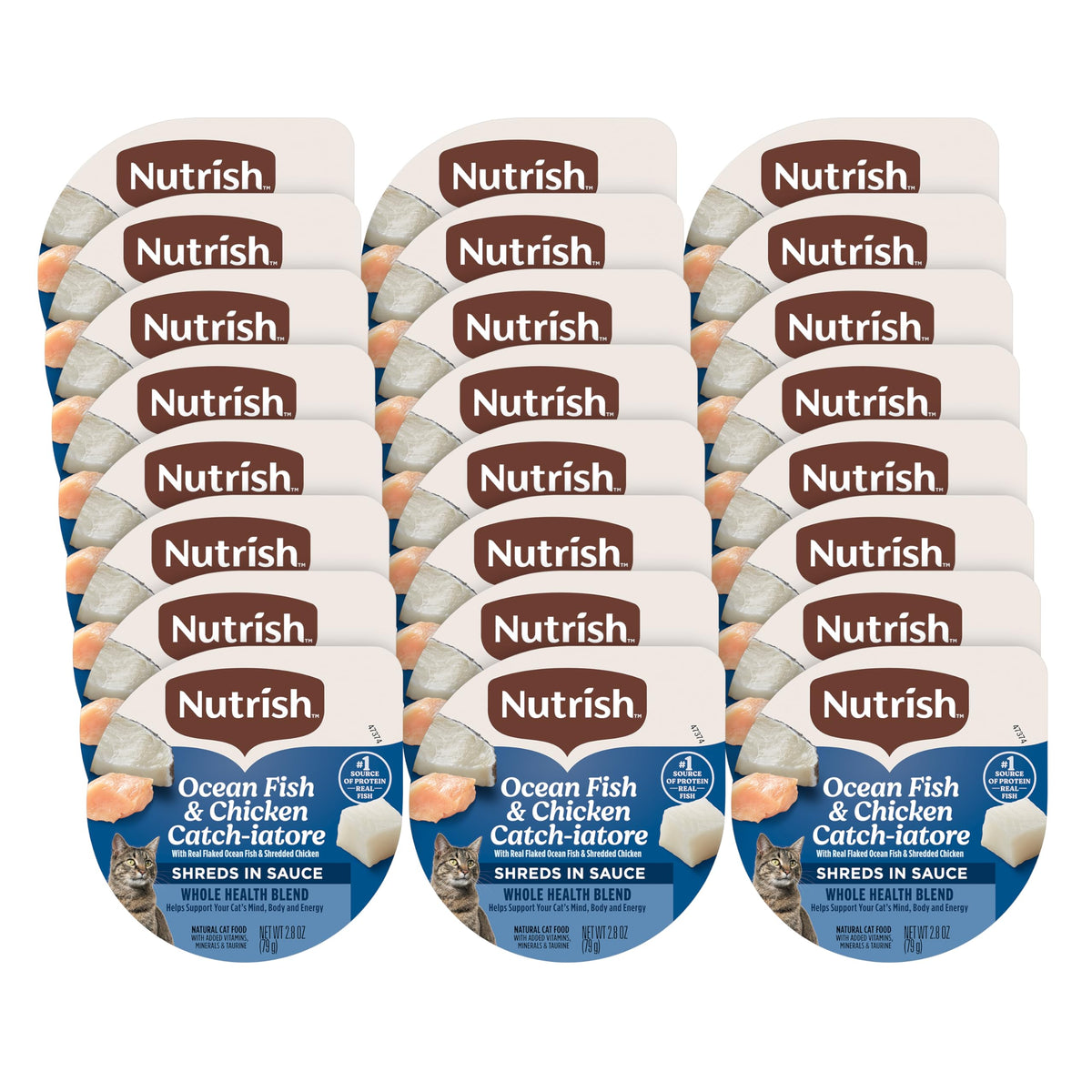 Nutrish tarrinas de pescado de oceano y pollo, ideal para gatos activos.
