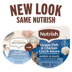 Nutrish tarrinas textura suave de pescado y pollo para degustación atractiva.