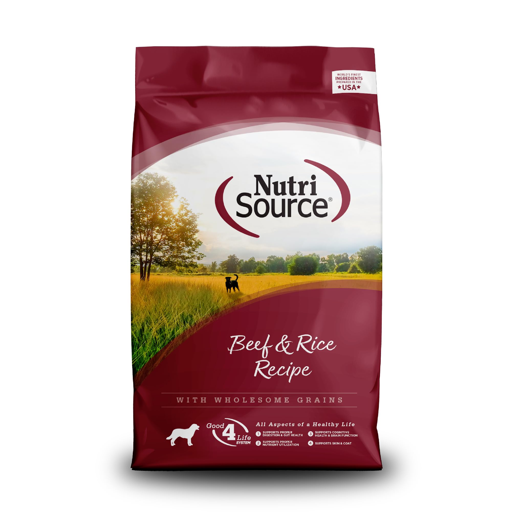 NutriSource carne y arroz, vista frontal de la bolsa para perros.