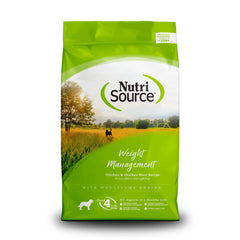 NutriSource Control Peso perro seco 4lb: bolsa frontal y porciones sugeridas
