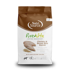 NutriSource Pure Vita frente del saco, alimento seco de calidad para perros de todas las edades.