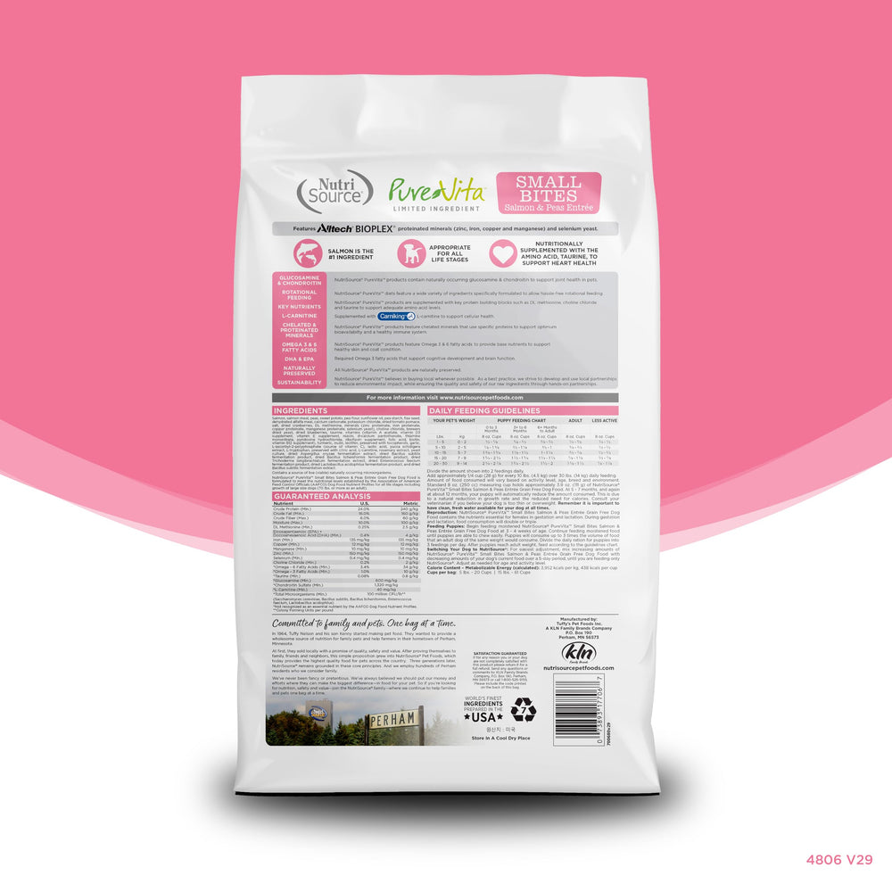 NutriSource Pure Vita, croquetas pequeñas para perros activos.