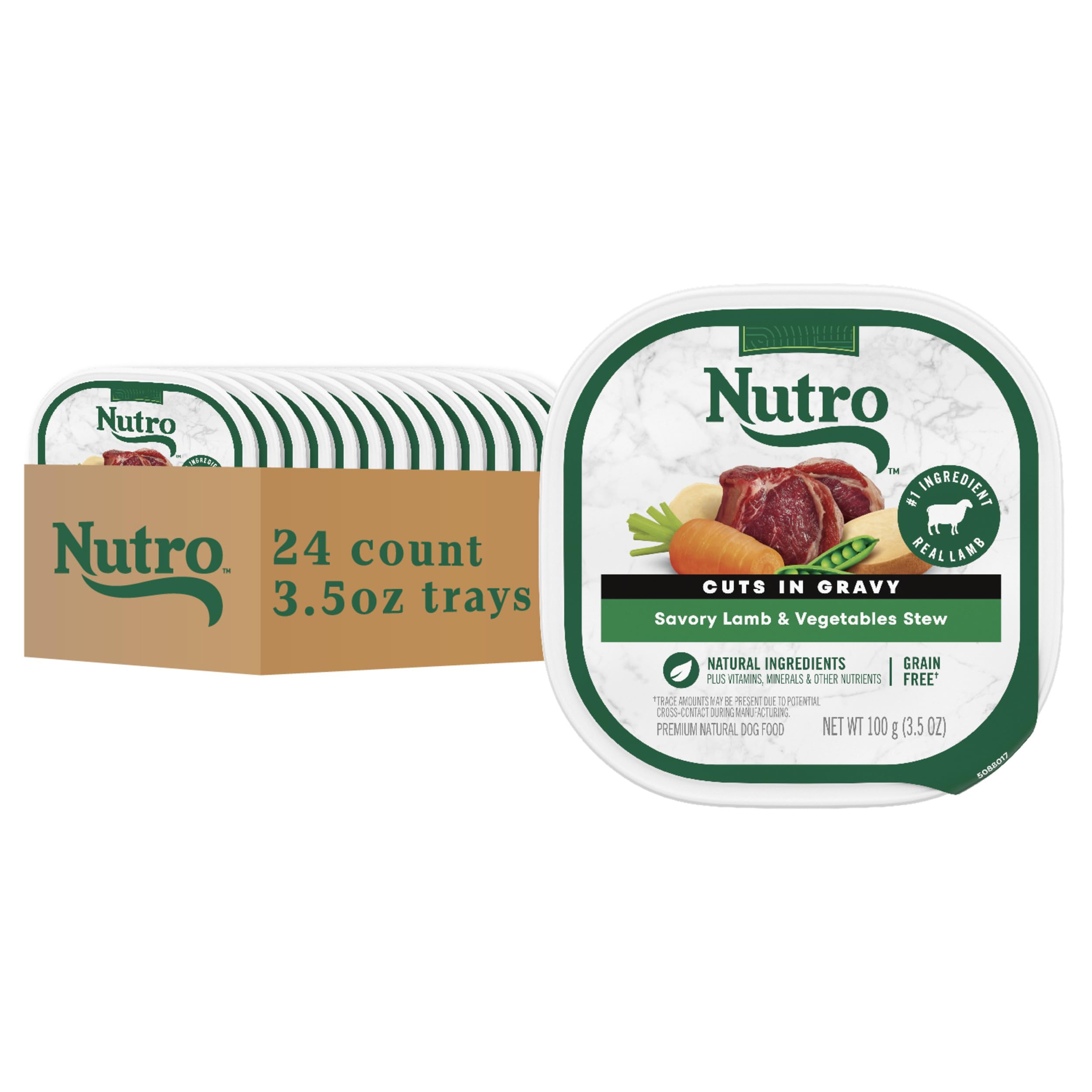 Nutro estofado de cordero y verduras en bandeja para perros adultos.