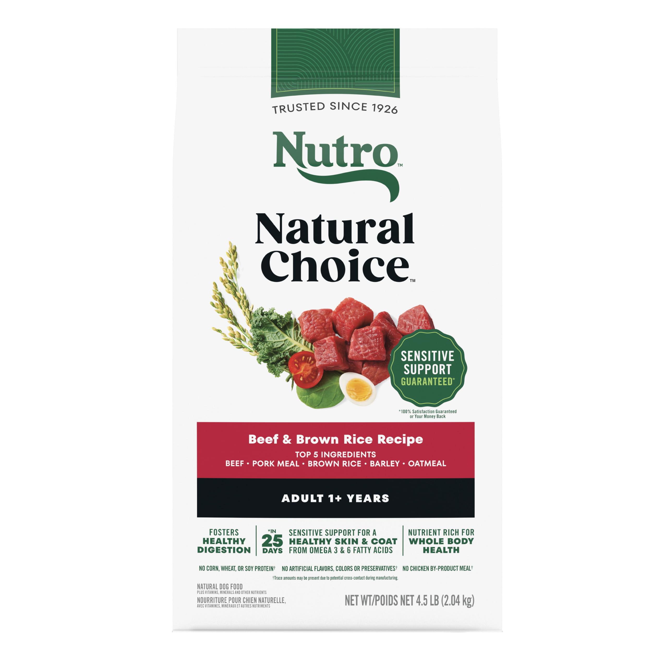 Nutro Natural Choice croquetas de res para perros adultos con arroz integral, apoyando energía diaria.