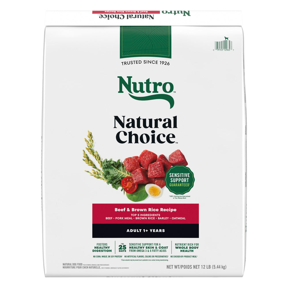 Nutro Natural Choice, envase visible con carne de res como ingrediente principal.