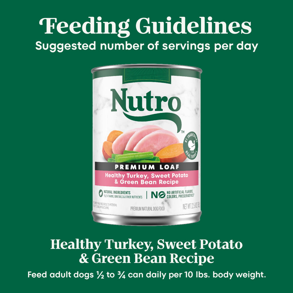 Nutro Premium Loaf en lata de pavo para perros adultos, ideal para comidas diarias.