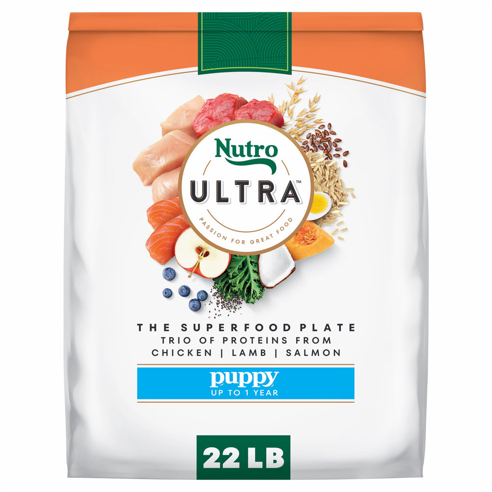 Nutro Ultra para cachorros con pollo, cordero y salmón, tres proteínas para desarrollo equilibrado.