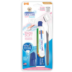 Brosse dentaire Nylabone pour chiot avec poils ultra-doux offrant un brossage confortable.