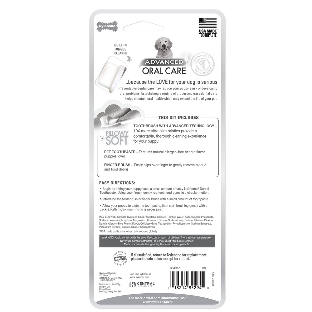 Composants du kit dentaire Nylabone pour chiot, accessibilité et facilité d’utilisation.