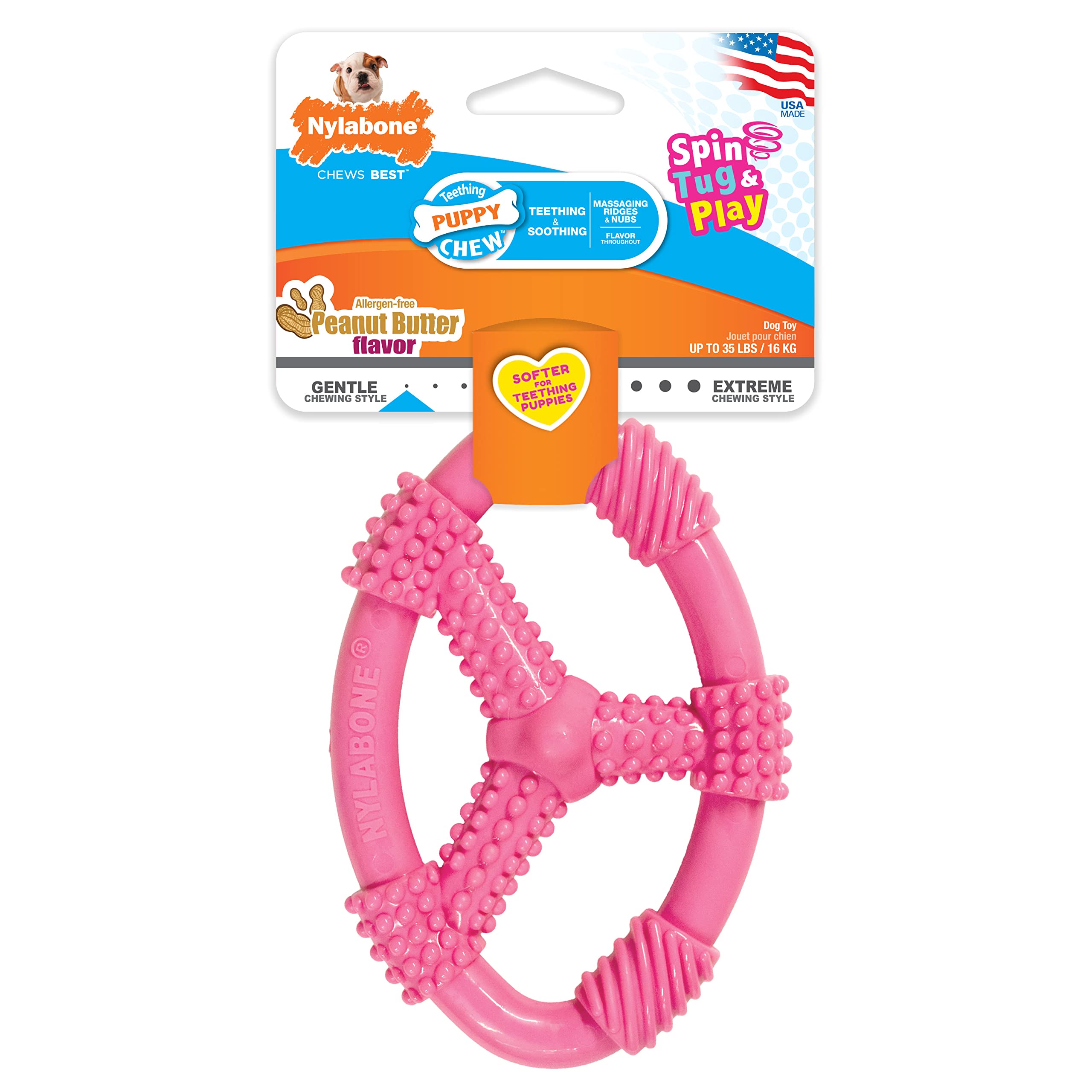 Nylabone giro-y-tira: diseño interactivo para estimulación durante juego.