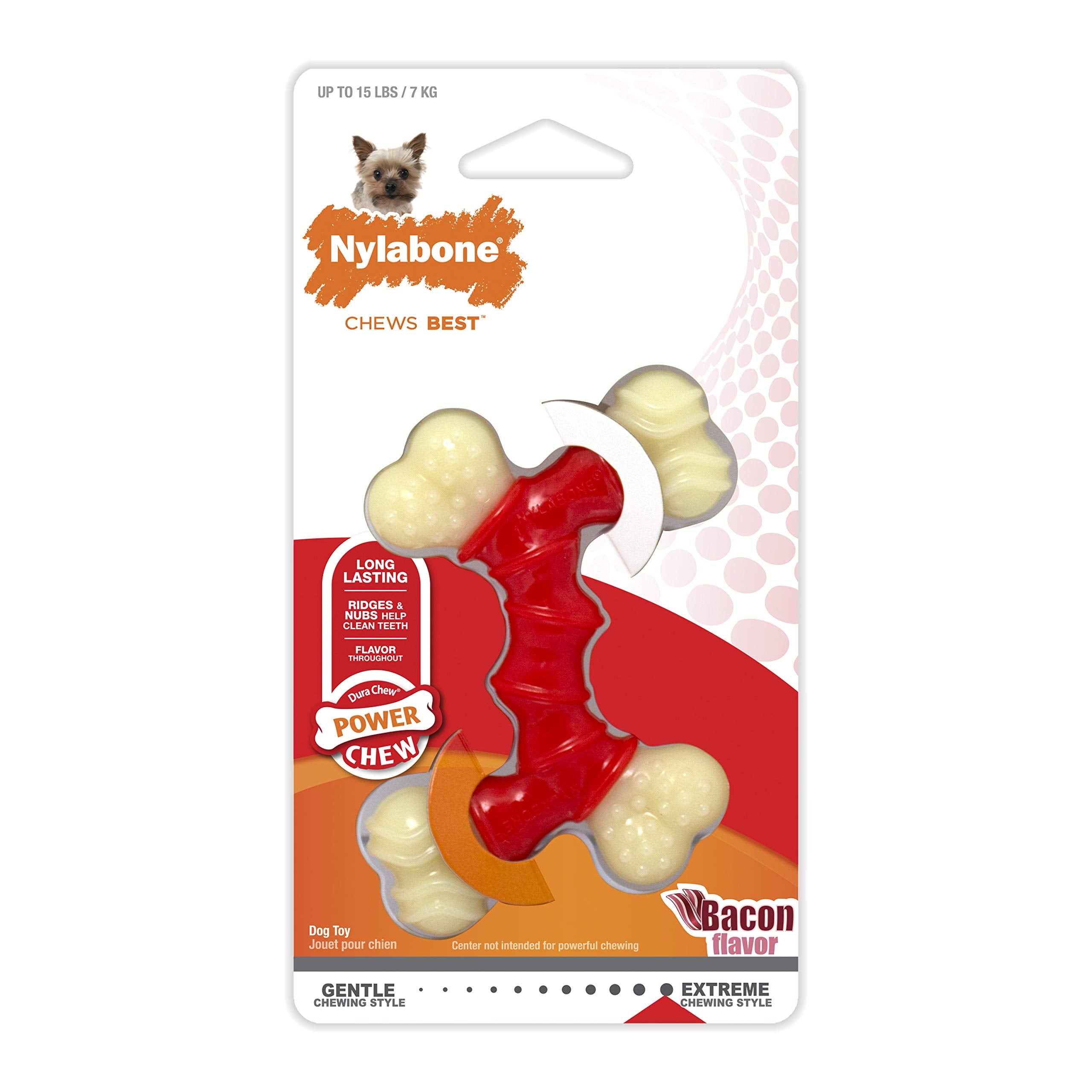 Nylabone Hueso Doble Potencia, sabor tocino durante toda la experiencia de masticación.