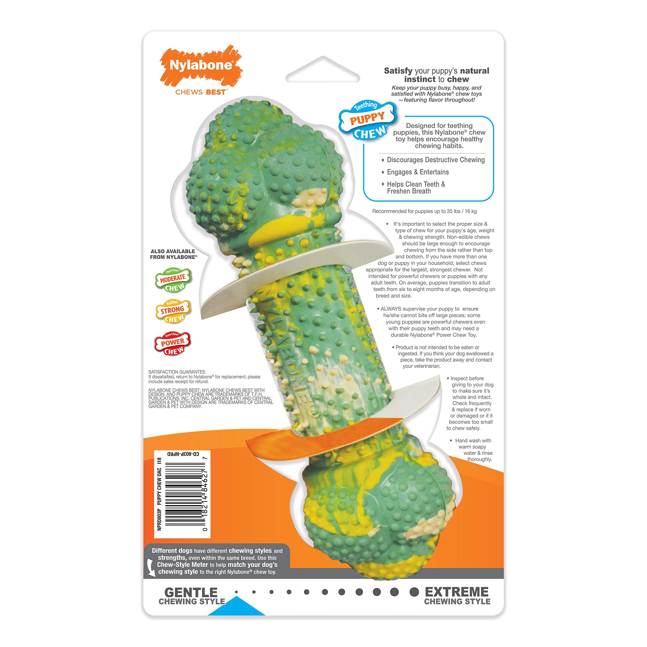 Nylabone Flavor Frenzy Barbell invita a sesiones de juego prolongadas.