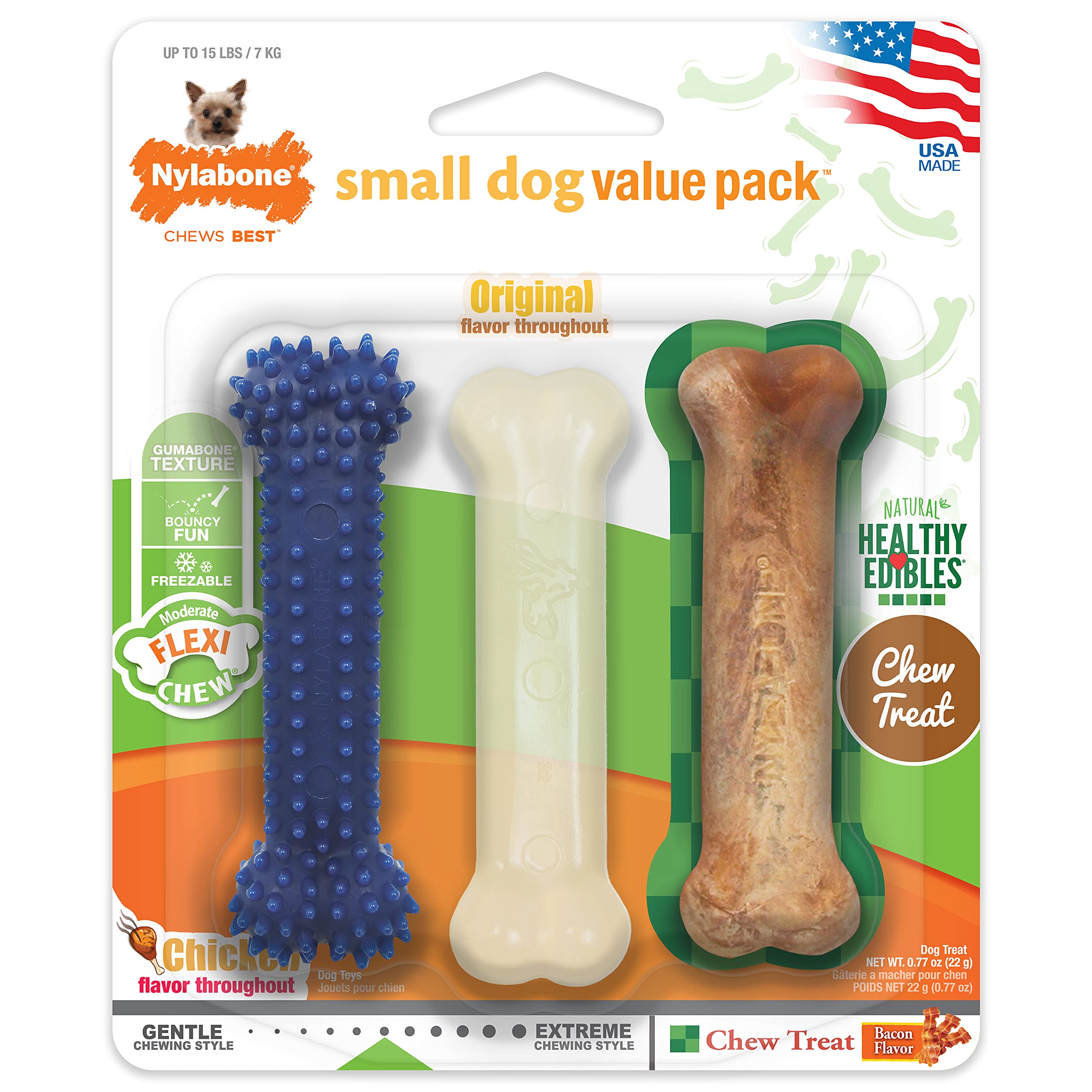Nylabone Flexi Chew con textura gomosa para limpieza dental suave.