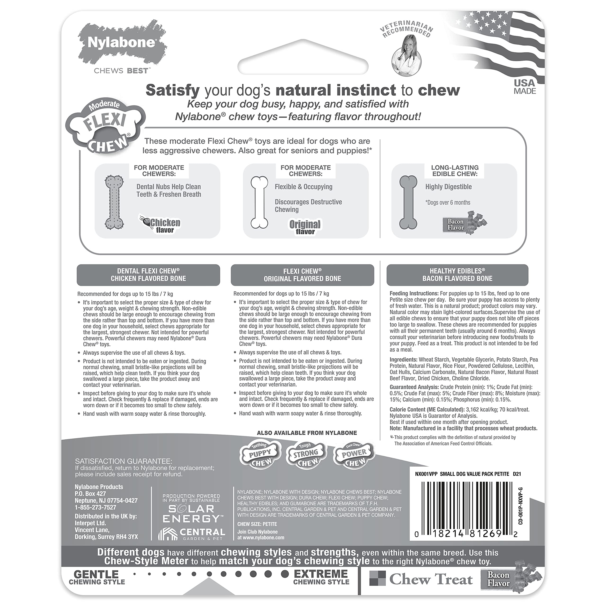 Nylabone Flexi Chew hecha en Estados Unidos, garantía de calidad.