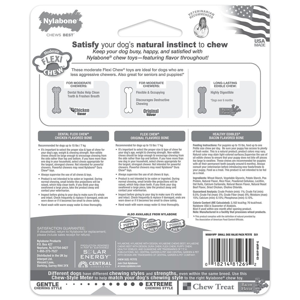Nylabone Flexi Chew hecha en Estados Unidos, garantía de calidad.