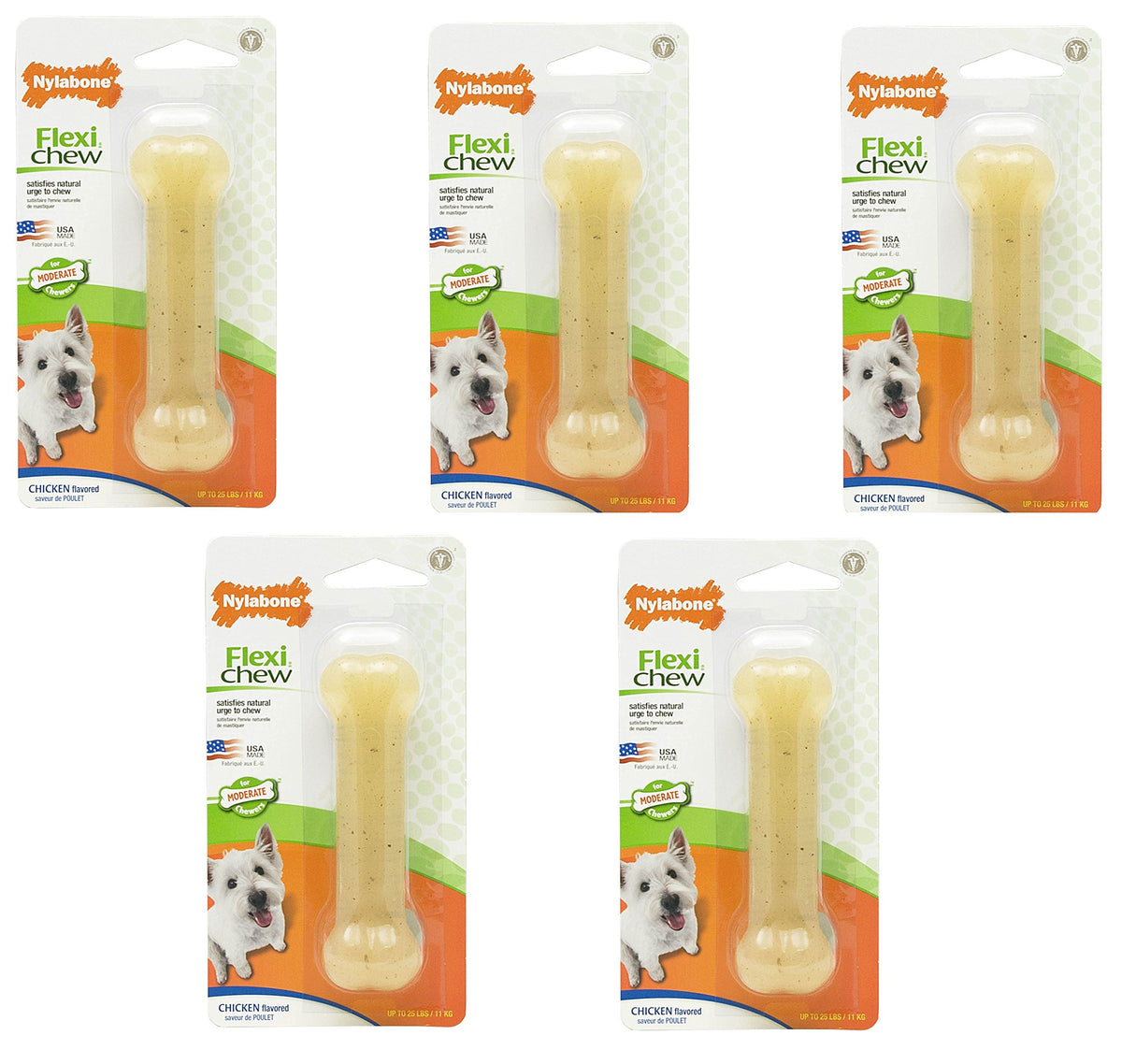 Nylabone FlexiChew, hueso de pollo para masticadores moderados, entretenimiento y limpieza dental.