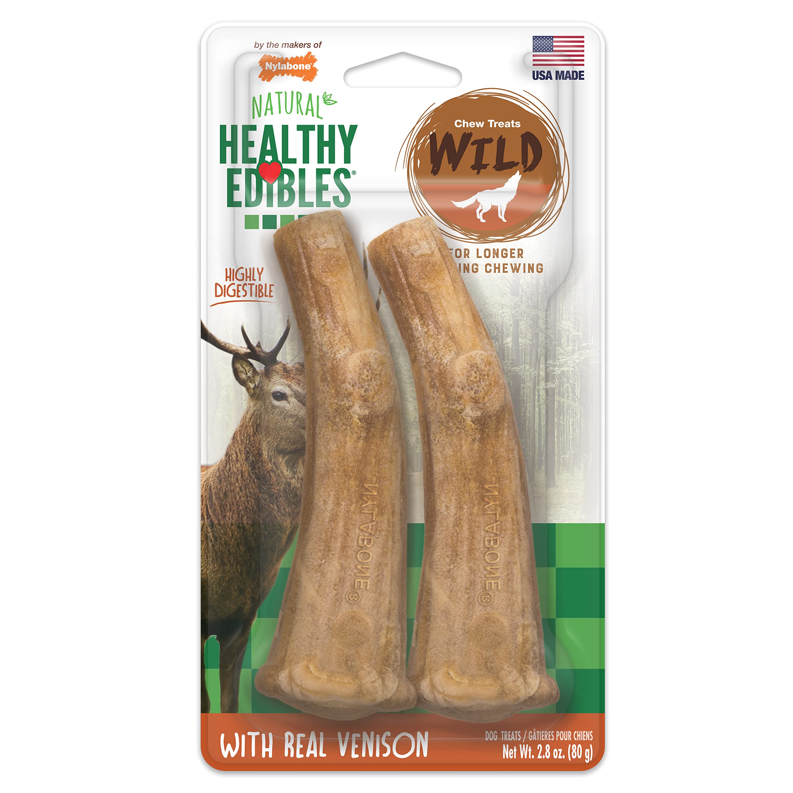Nylabone golosinas saludables de ciervo salvaje, hueso real para perro grande con masticación prolongada.