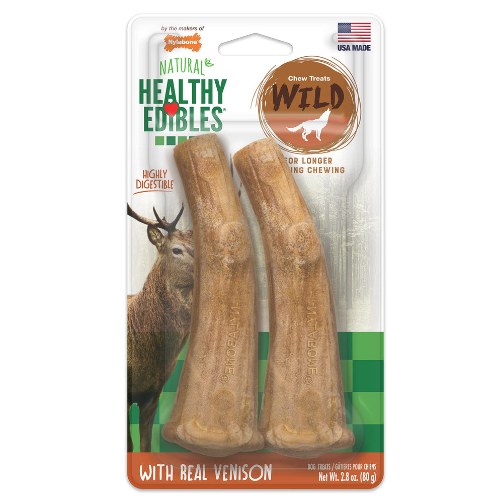 Nylabone golosinas saludables de ciervo salvaje, hueso real para perro grande con masticación prolongada.