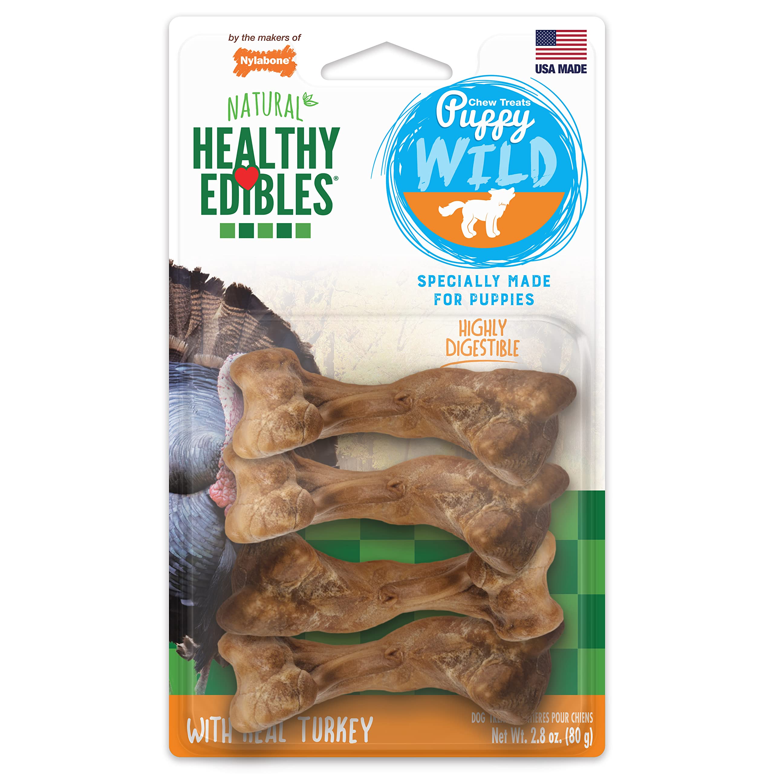 Nylabone Golosinas Saludables Hueso de pavo para perros pequeños, masticación prolongada.