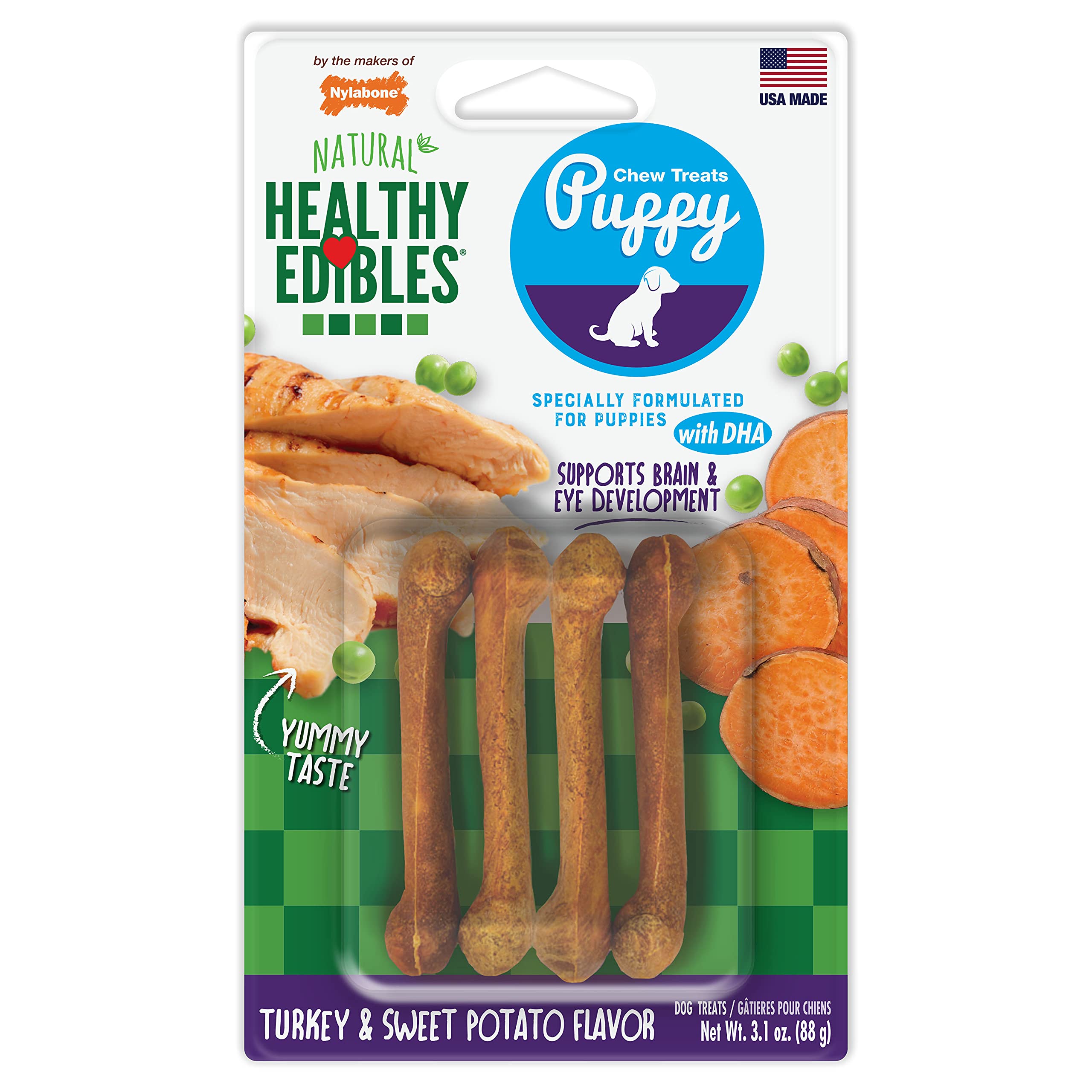 Nylabone Healthy Edibles para cachorros con pavo y batata, masticación duradera para entrenamiento.