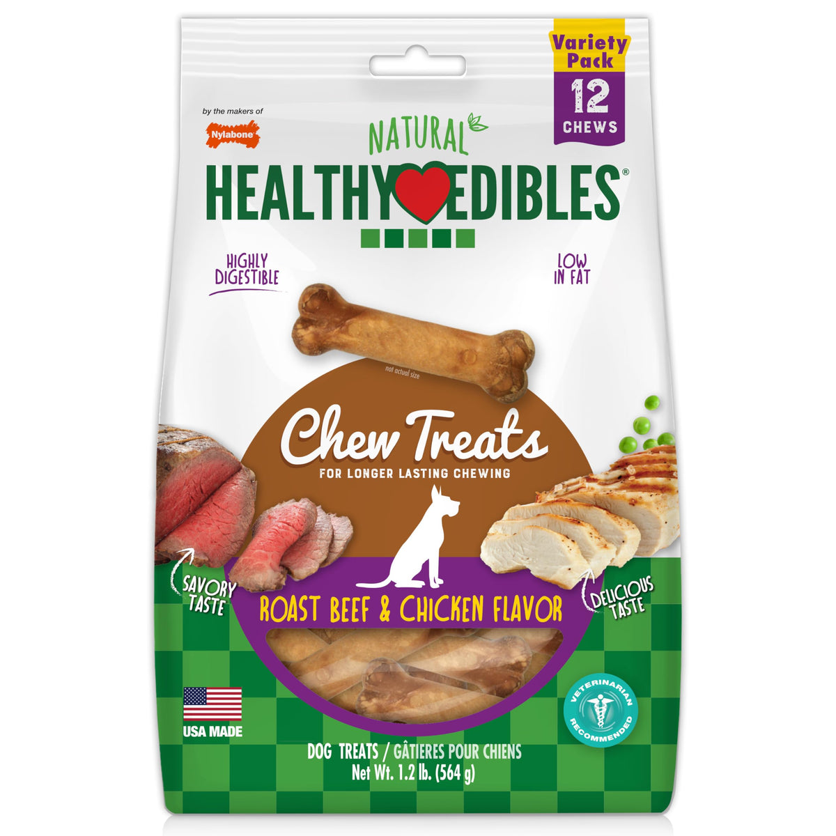 Nylabone Healthy Edibles hueso de res asada, duradero y sabroso para perros pequeños.