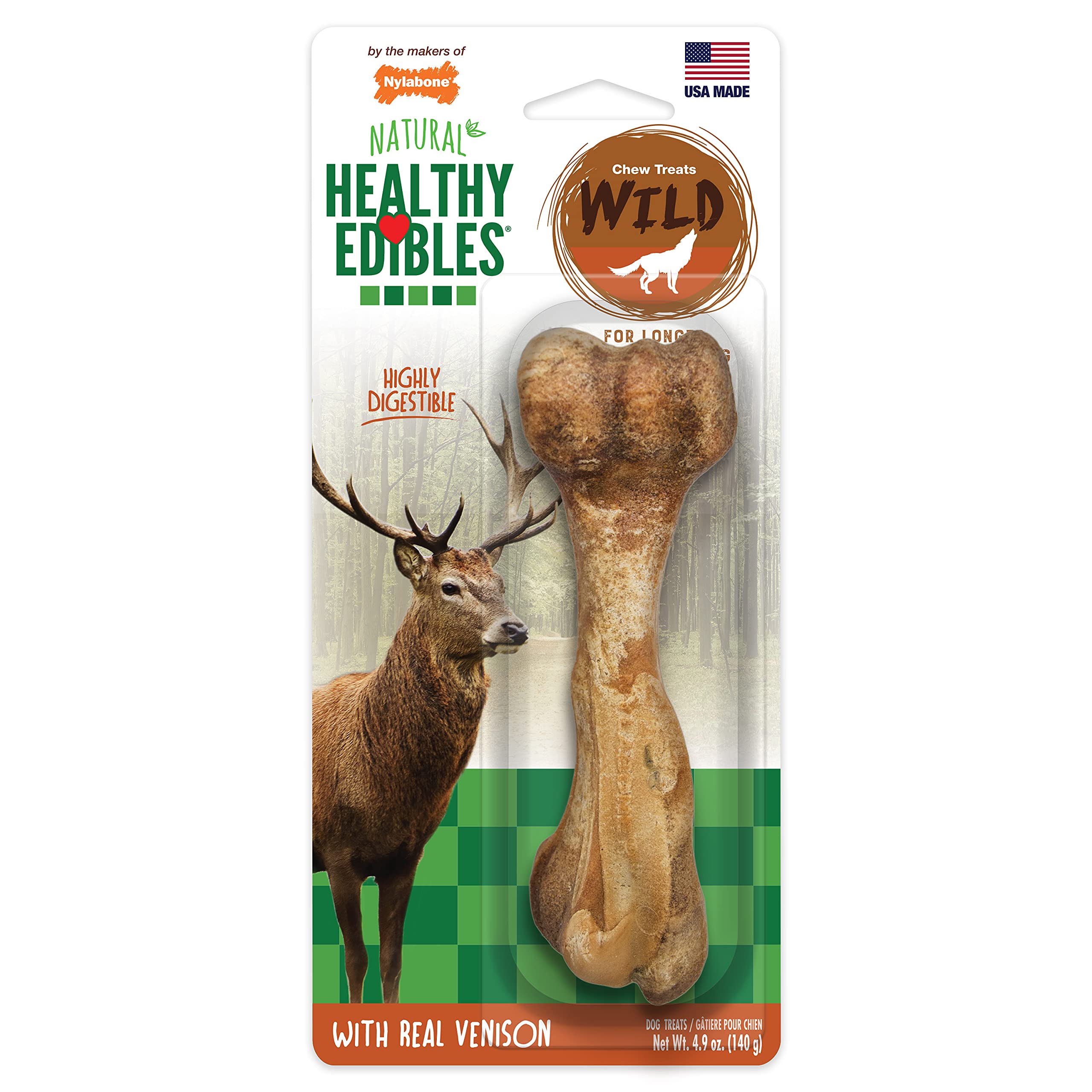 Nylabone Healthy Edibles: sabor venado y masticación prolongada para perros grandes.