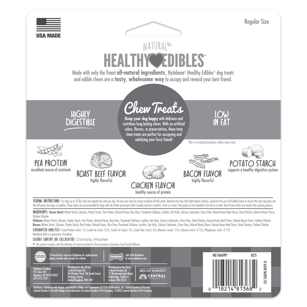 Nylabone Healthy Edibles, sin conservantes artificiales, recompensa sabrosa y segura.