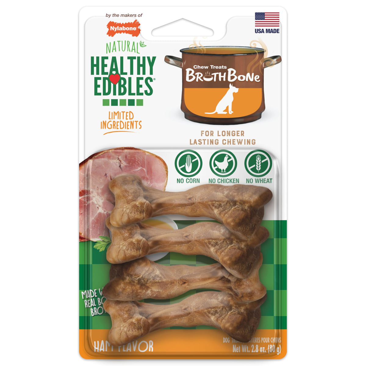 Nylabone hueso caldo jamón pequeño, masticable para perros de hasta 20 libras.