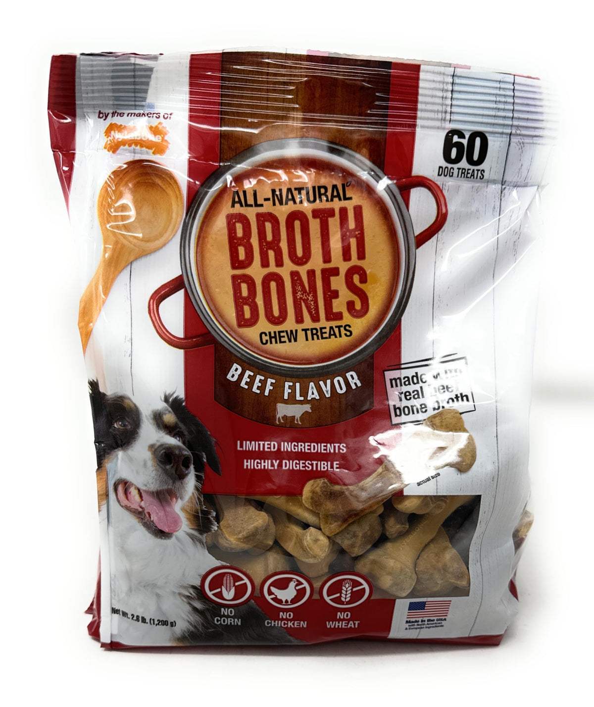 nylabone huesos de caldo de res: empaque con 60 unidades para perros.