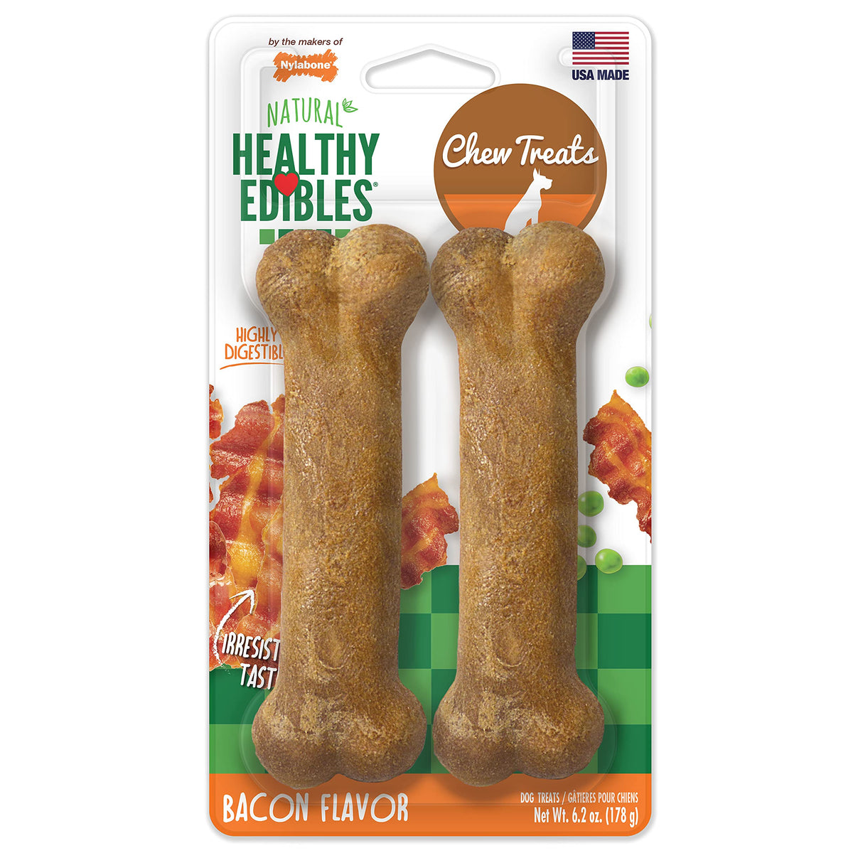 Nylabone huesos duraderos con sabor tocino para perros medianos, ideal para masticar.