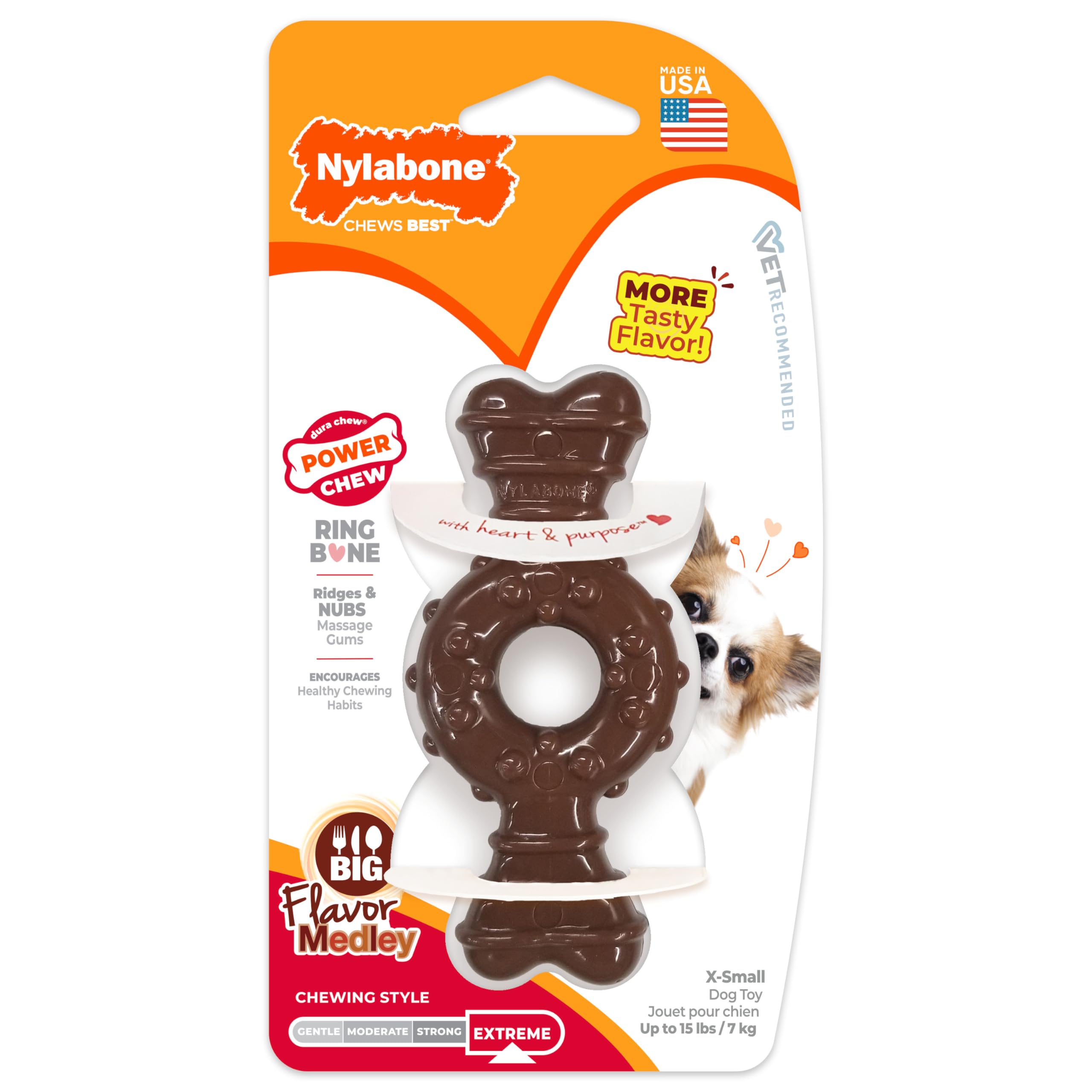 Nylabone Ring Bone Power, sabor medley para mantener interés al masticar.