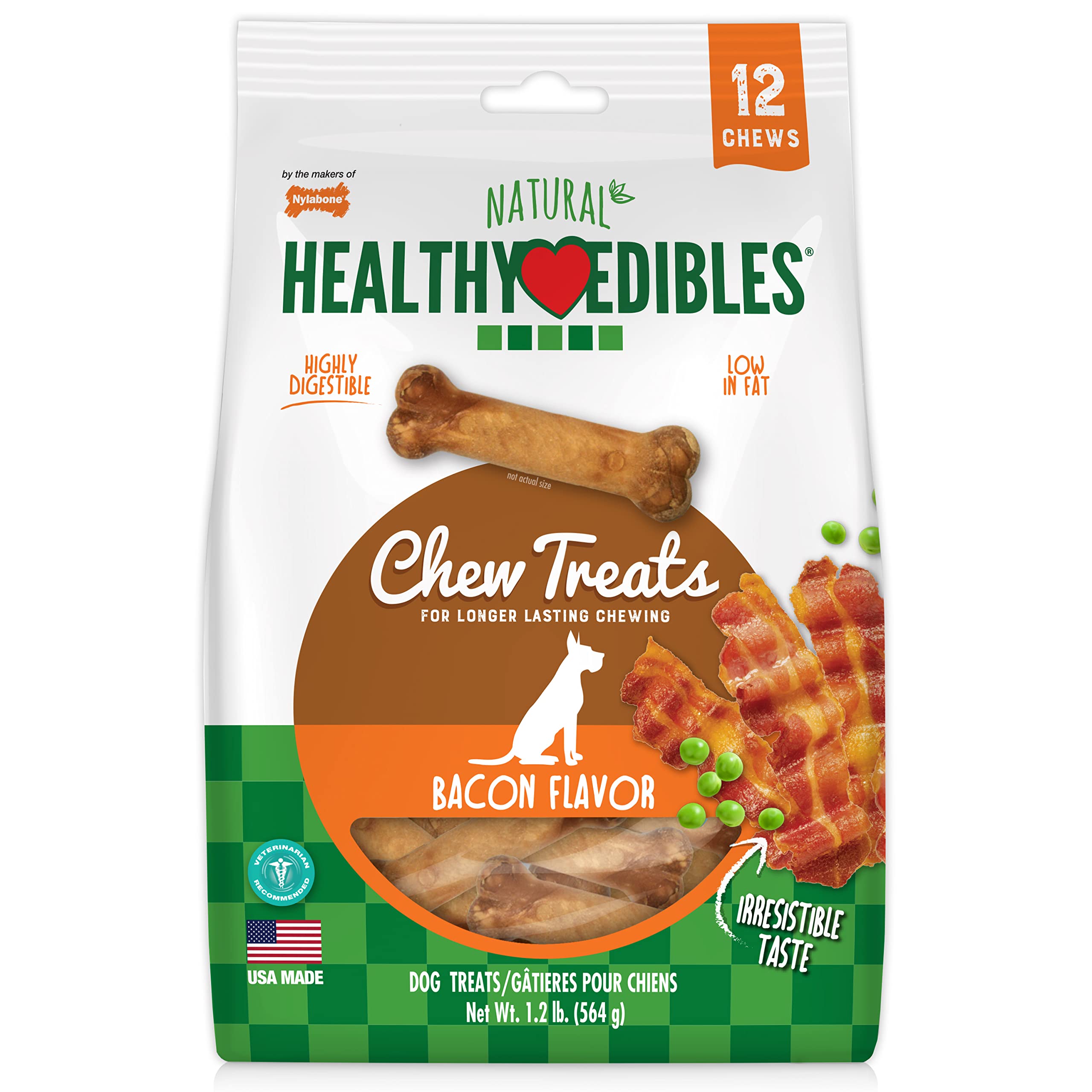 Nylabone masticables saludables bacon frente, sabor duradero para perros.