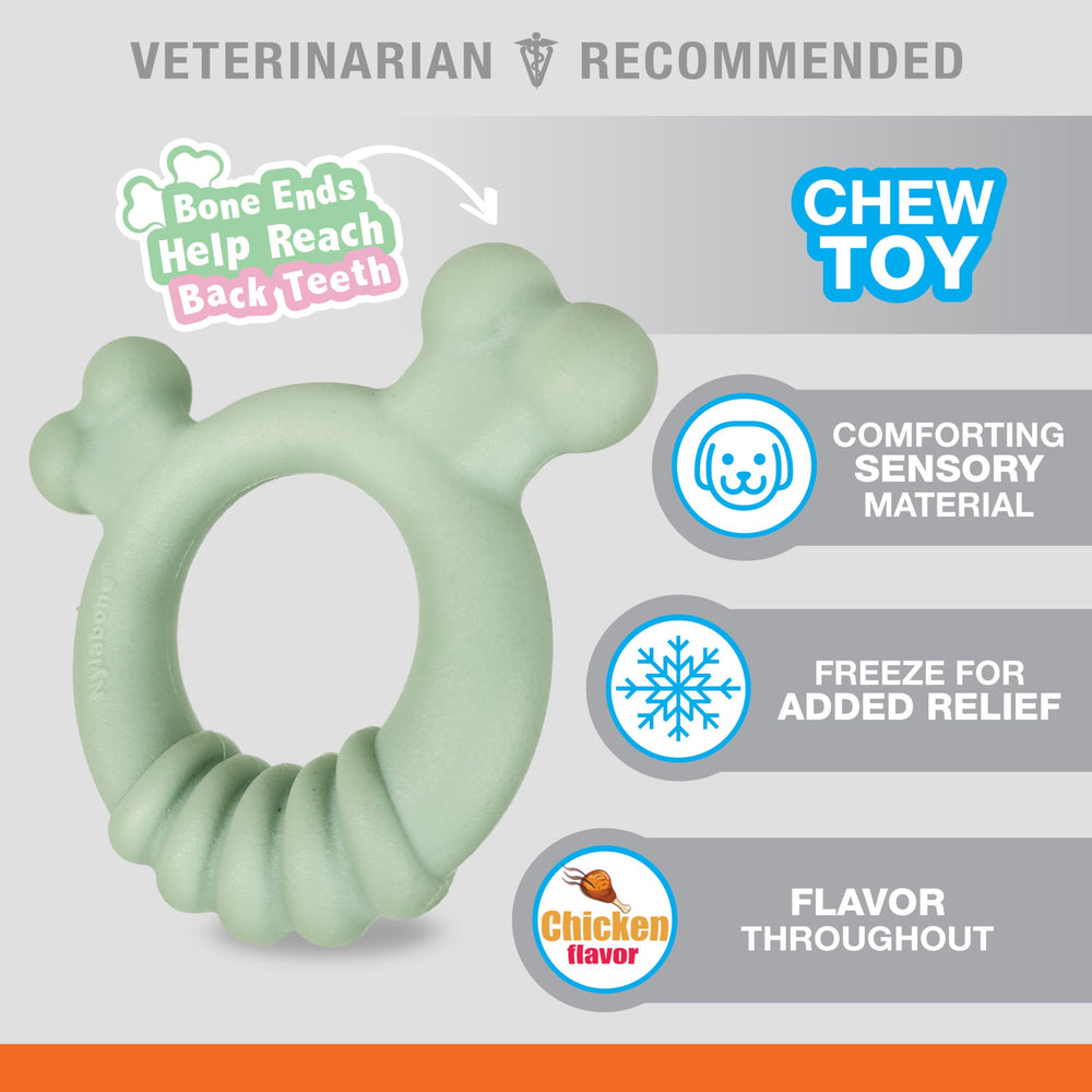 Nylabone mordedor sabor pollo para cachorro, fomenta interés por masticar.