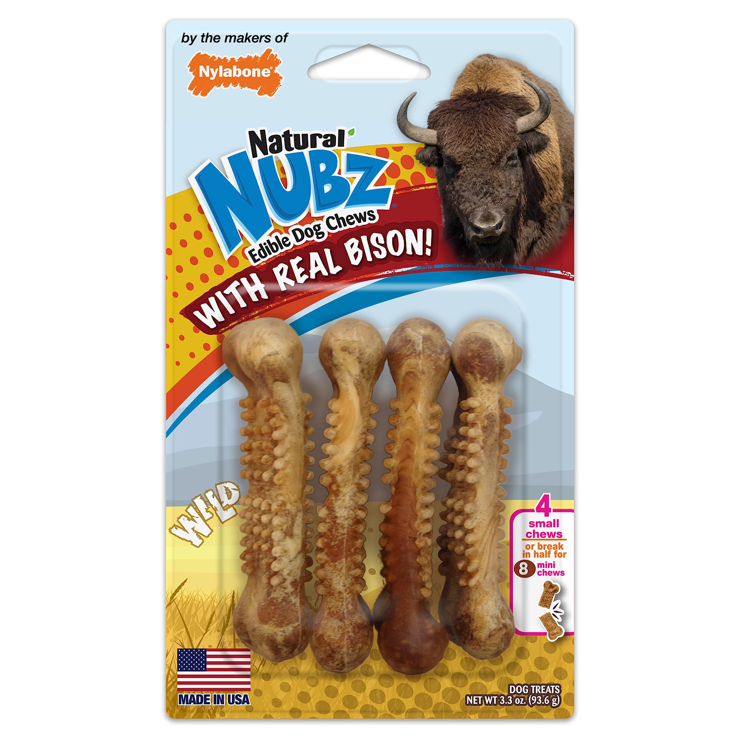 Nylabone Nubz Wild frente al empaque: snack natural para perros pequeños.