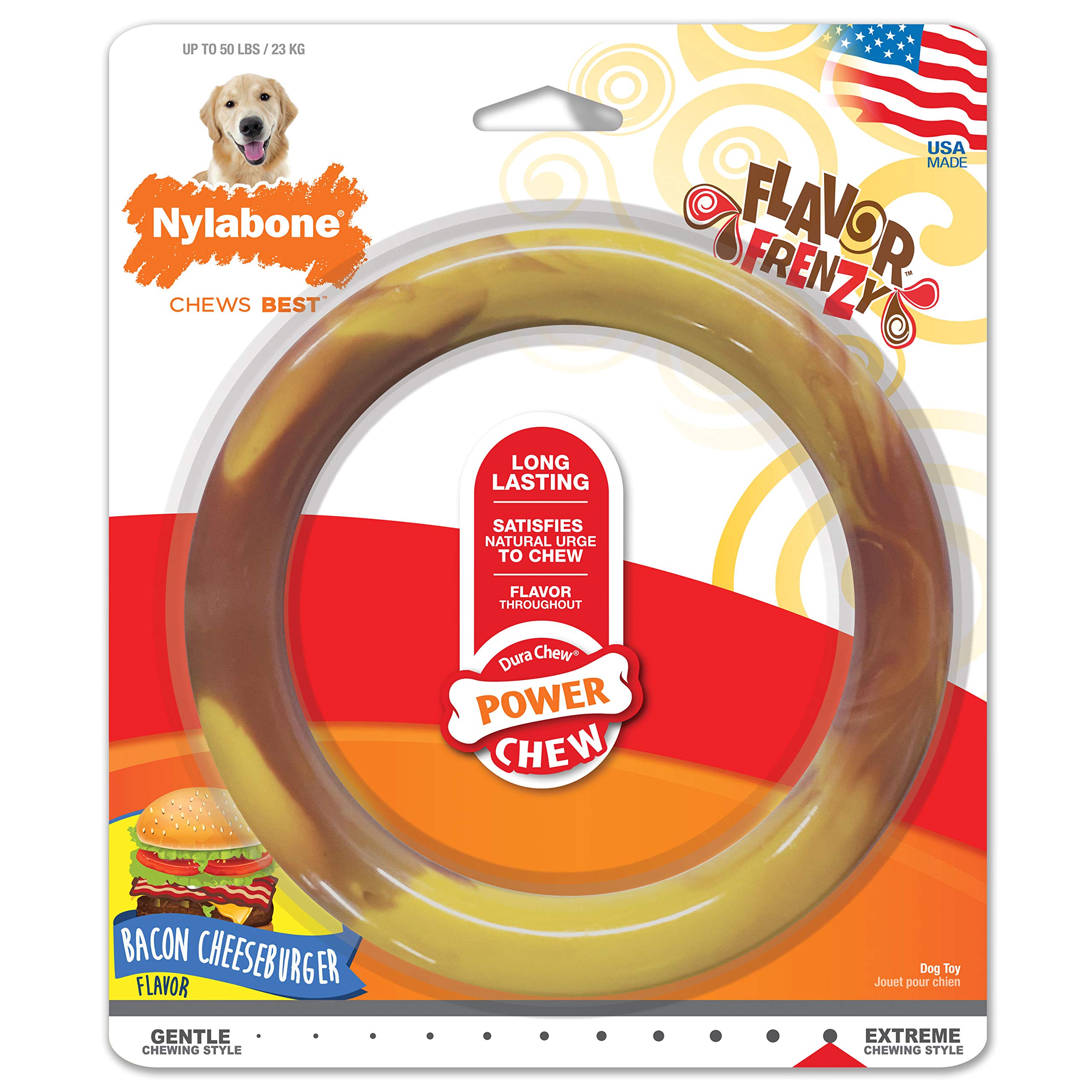 Nylabone Potenciador de Masticación, anillo liso sabor tocino-hamburguesa para perros grandes, facilita la masticación