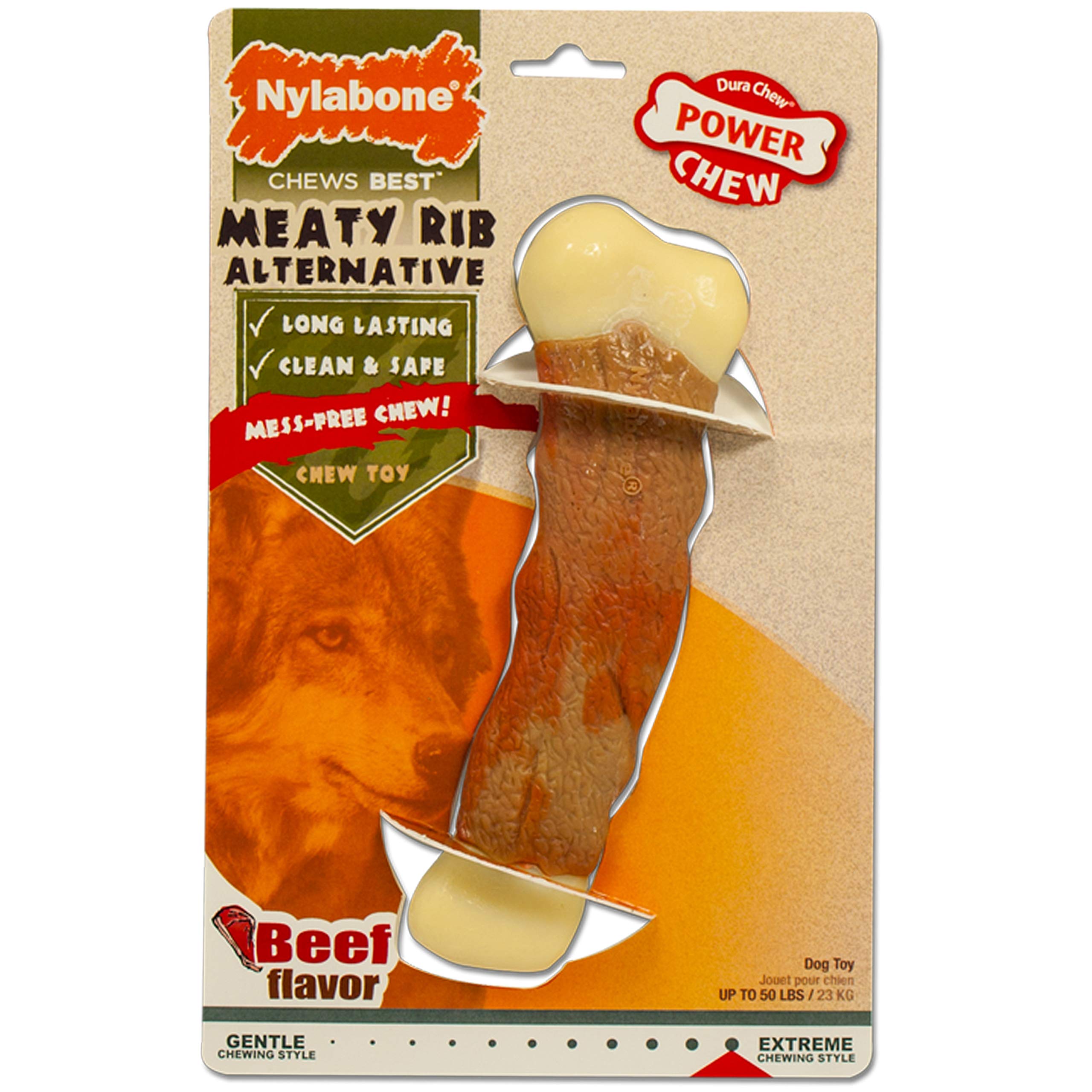 Nylabone Power Chew Meaty Rib Alternative, forma de hueso, promueve masticación prolongada para perros activos.