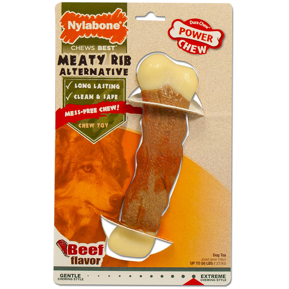 Nylabone Power Chew Meaty Rib Alternative, forma de hueso, promueve masticación prolongada para perros activos.