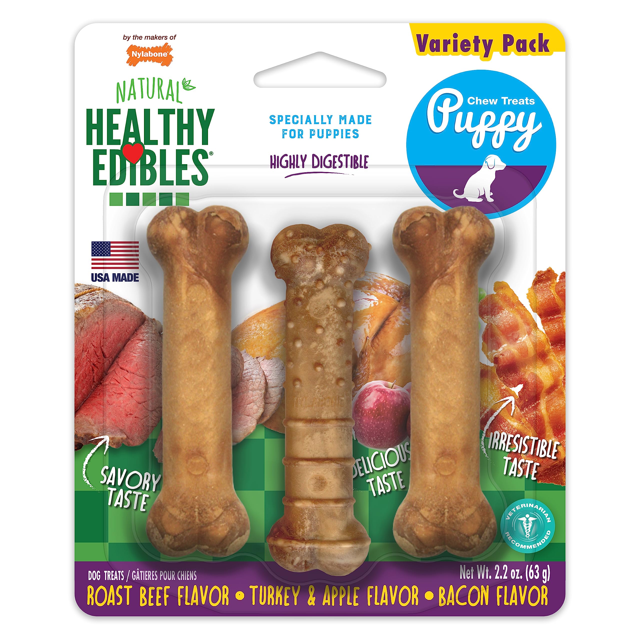 Nylabone comestibles saludables para cachorros, sabor ternera asada, recompensa sabrosa para entrenar.