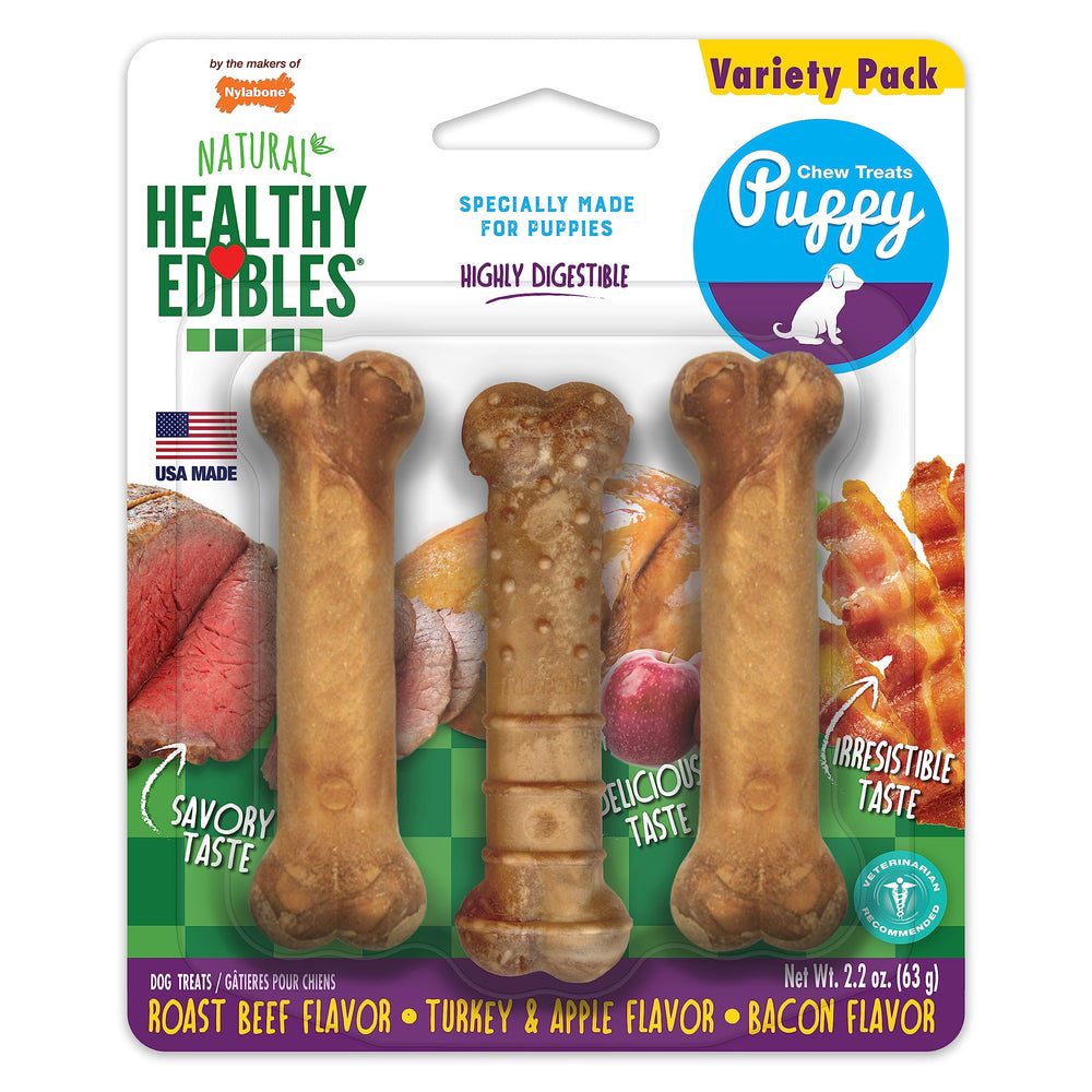 Nylabone comestibles saludables para cachorros, sabor ternera asada, recompensa sabrosa para entrenar.