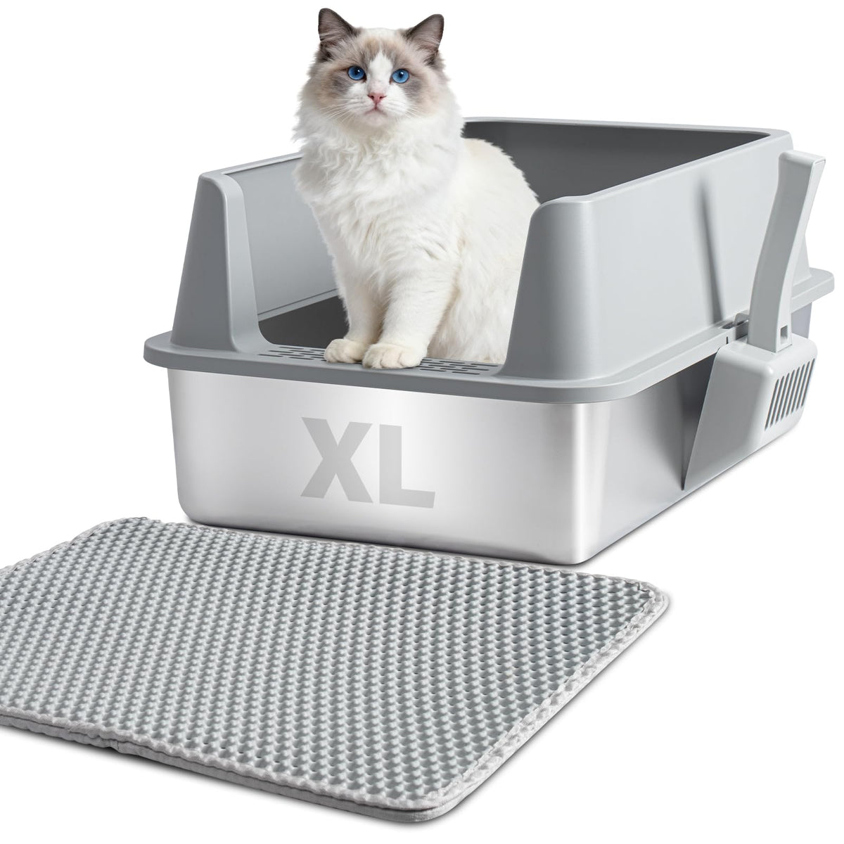 Nyutu caja de arena de acero inoxidable XL con tapa para higiene y control de olores.
