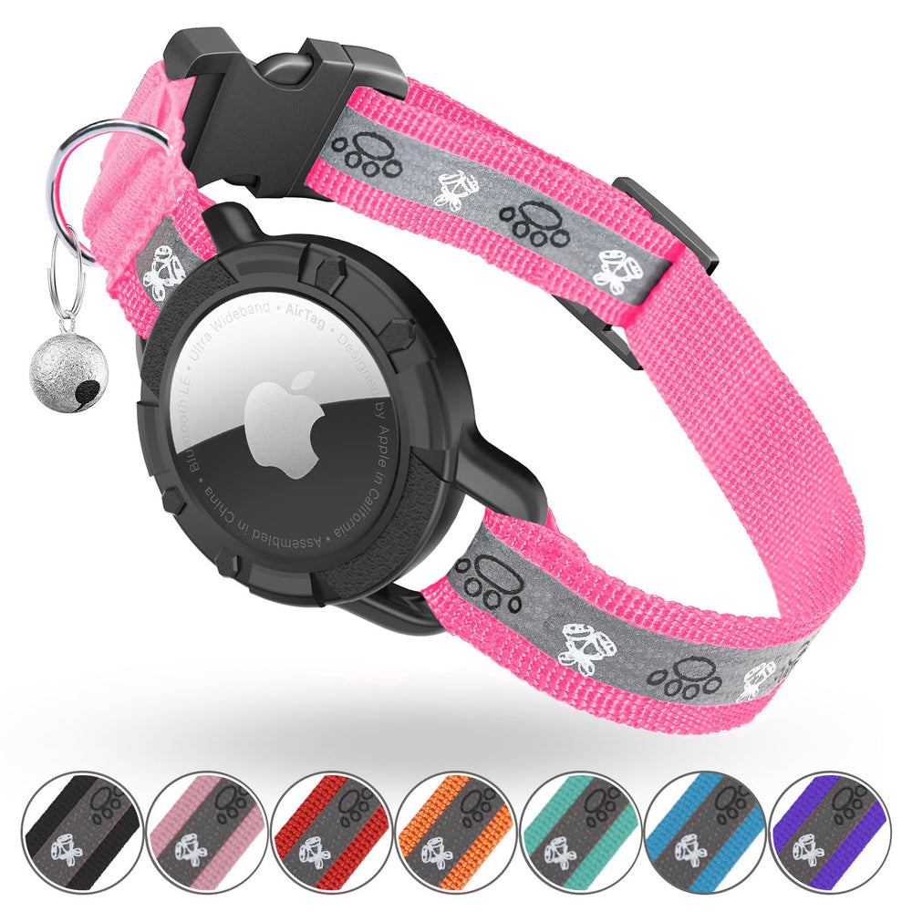 Collar Odokele AirTag para gato con reflector rosa neón, talla XS, fácil localización nocturna