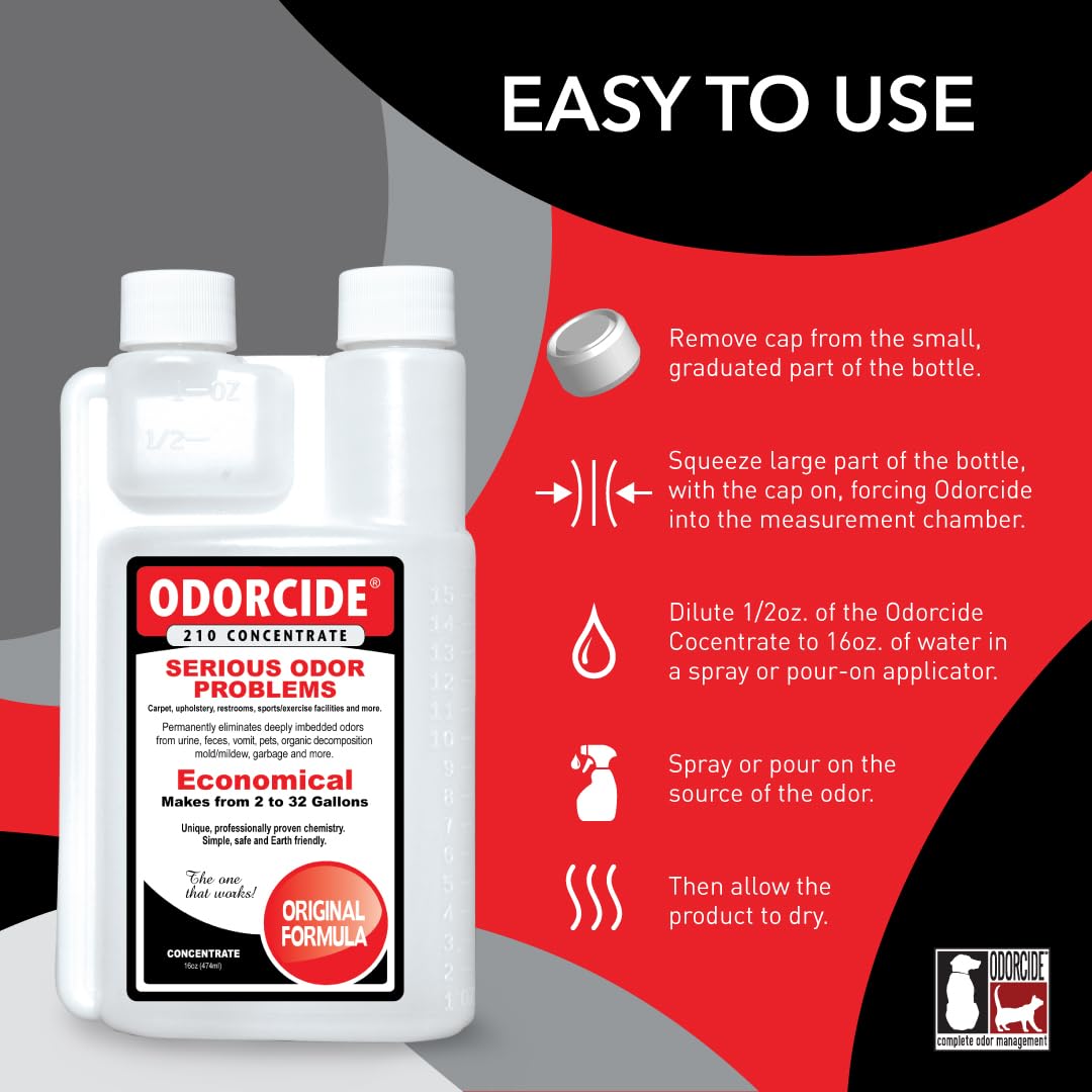 Odorcide Concentrado: dilución en agua para usos versátiles en alfombras y muebles.