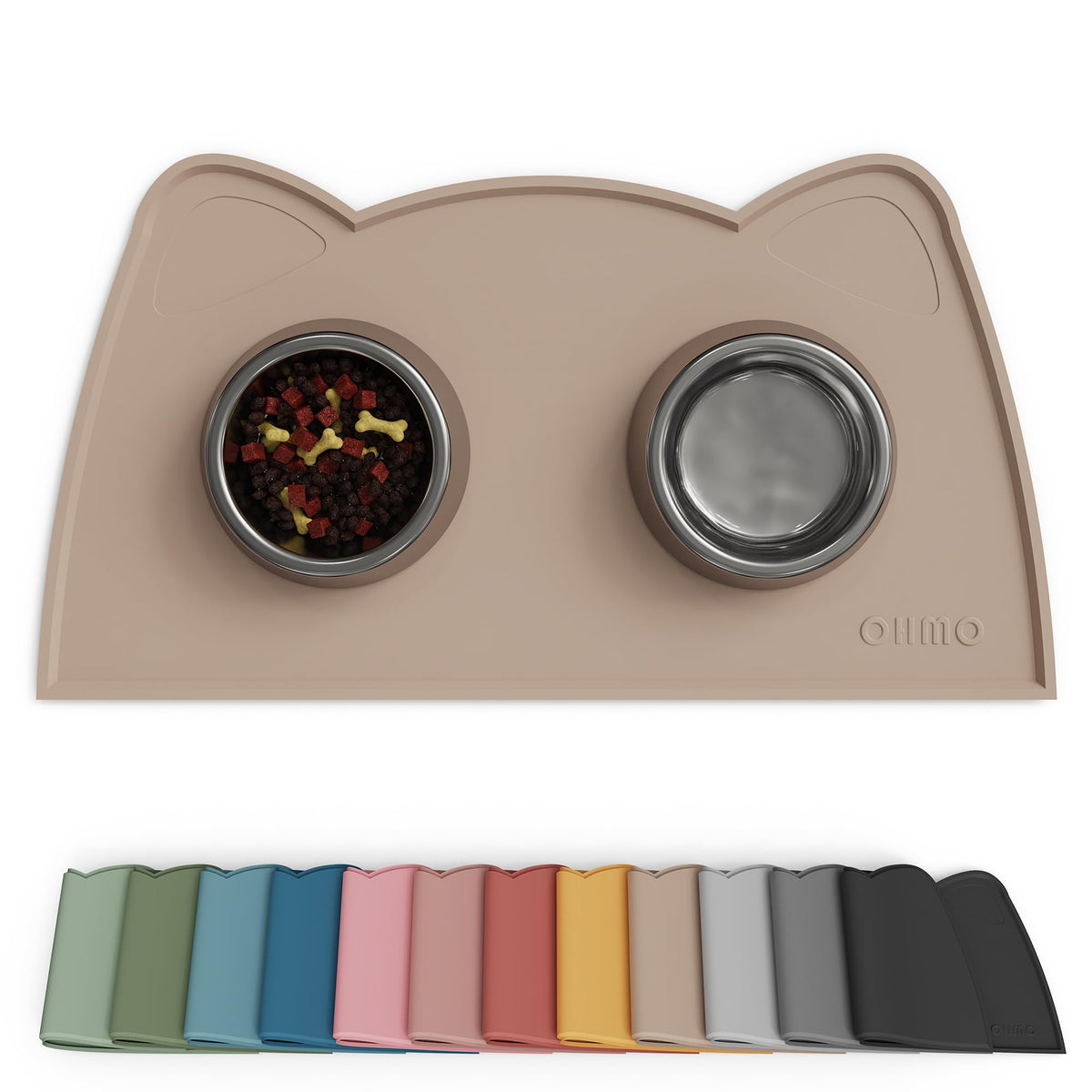 OHMO mat de alimento para gatos en suelo antideslizante beige.