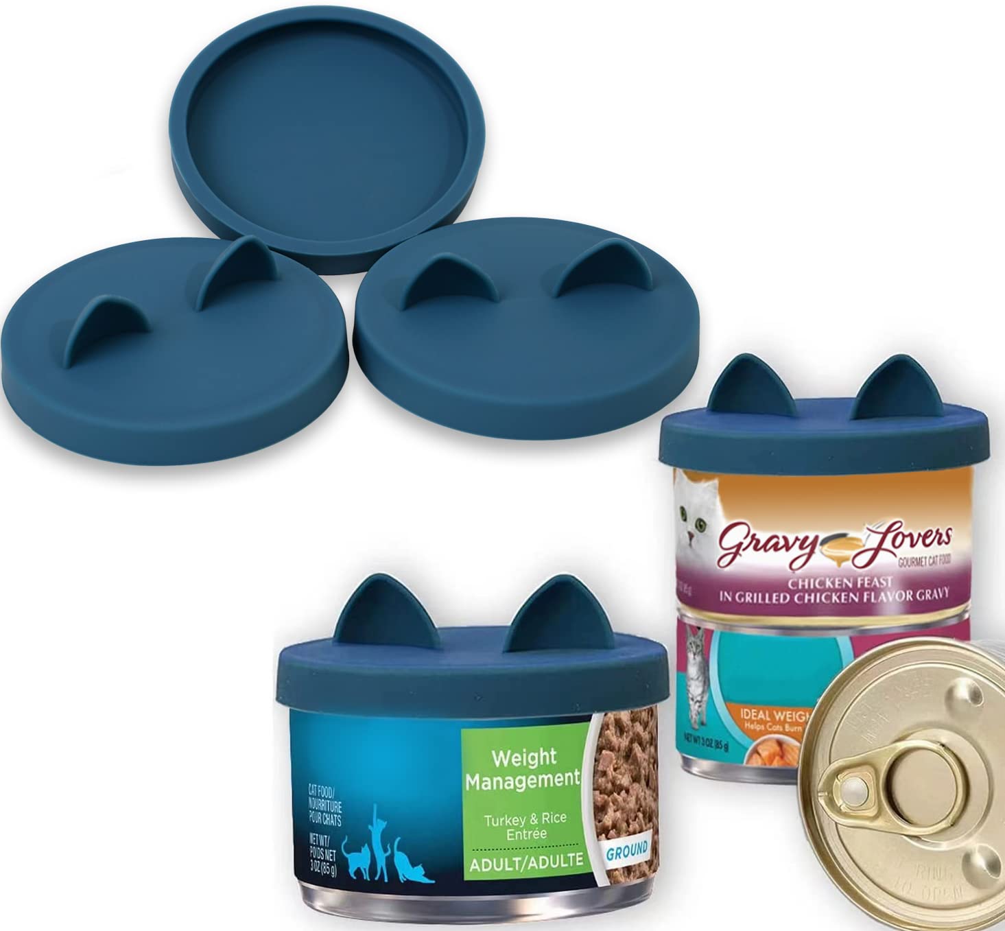 OHMO tapas de silicona para latas de gato en azul oscuro, cierre seguro.